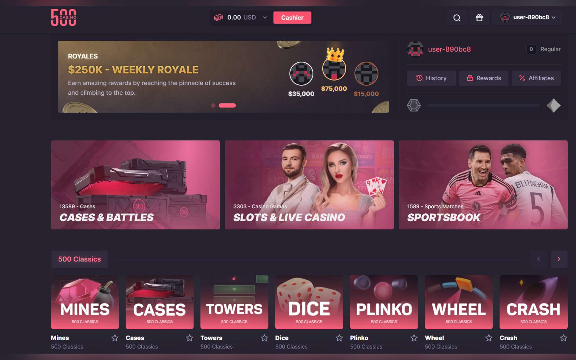 500 Casino no KYC crypto casino with $250K weekly rewards, casino battles, and provably fair games like Mines, Dice, and Plinko