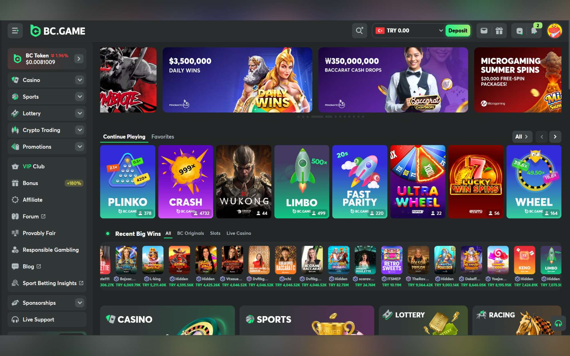 No KYC crypto casino BC.Game featuring $3.5M daily wins, provably fair games like Crash and Plinko, and live casino promotions