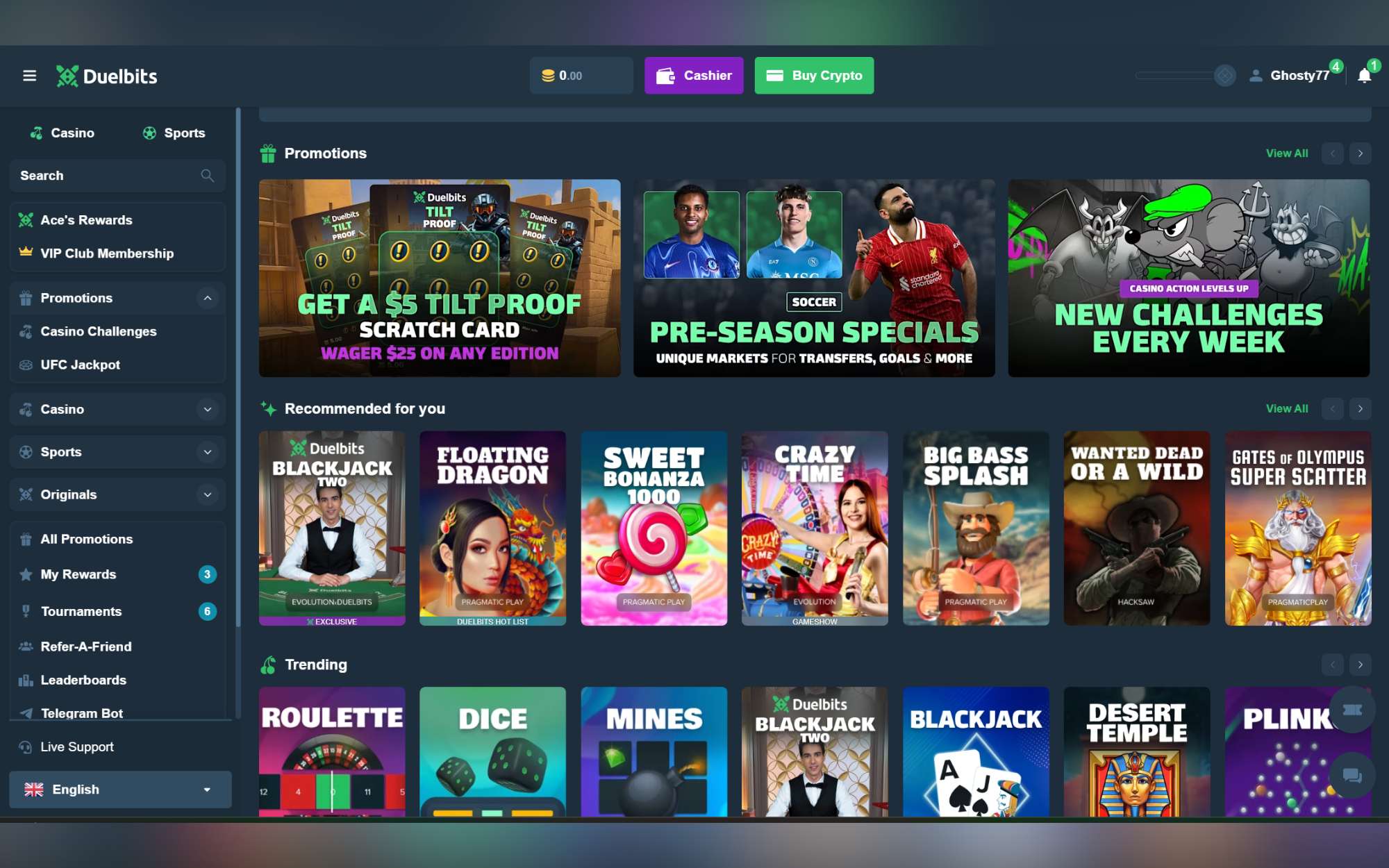 No KYC crypto casino Duelbits with $5 scratch card promo, live dealer blackjack, popular slots, and games like Dice and Mines