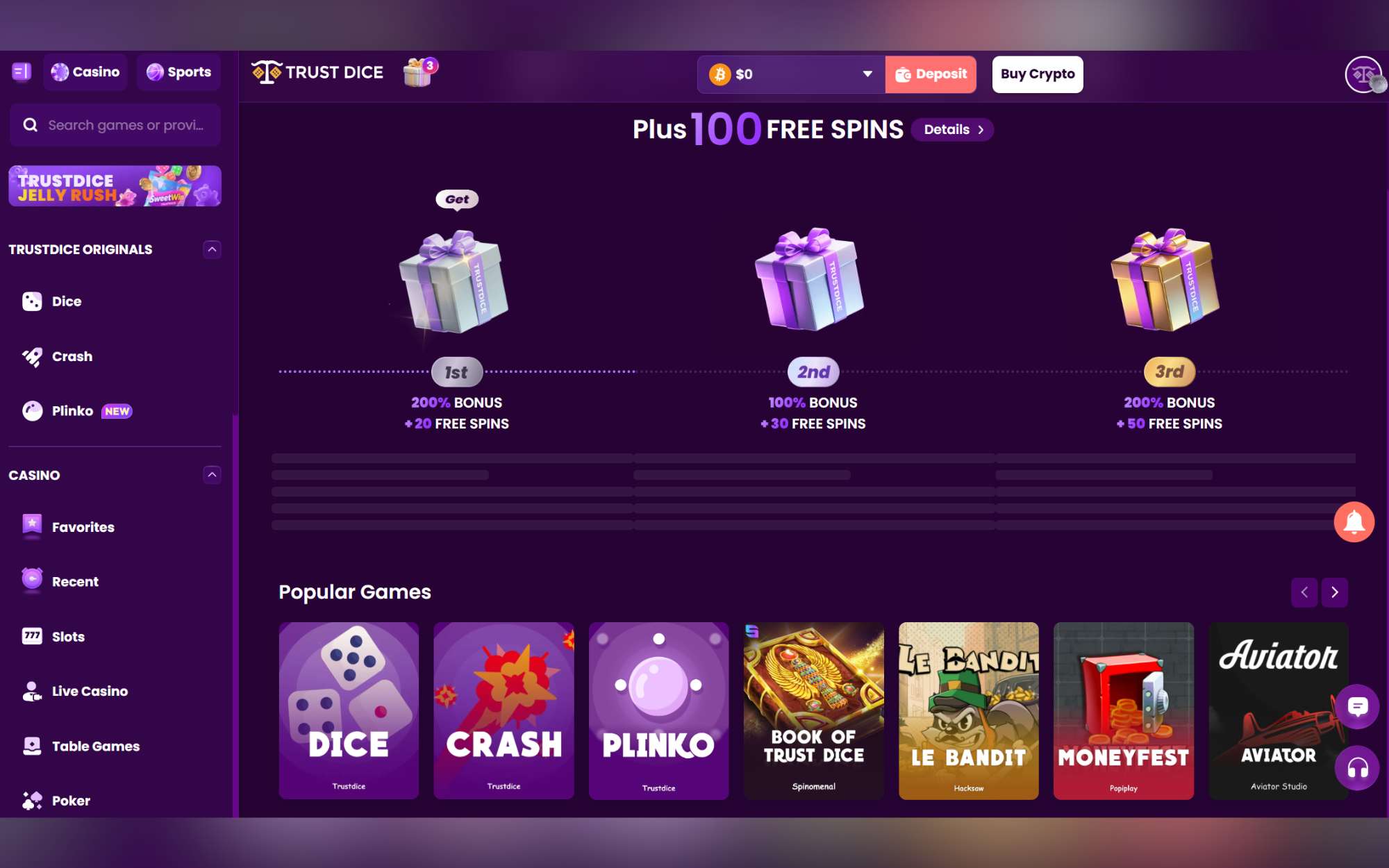 No KYC crypto casino Trust Dice offering 200% bonus and top games like Dice, Plinko, and Crash