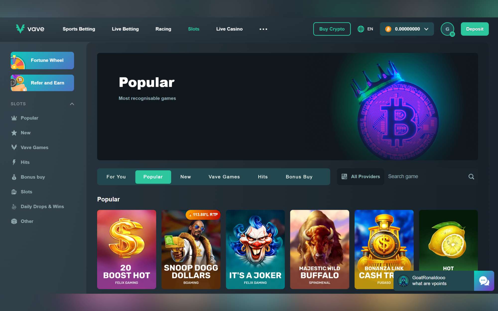 Vave no KYC crypto casino with top slot games and Bitcoin-themed design